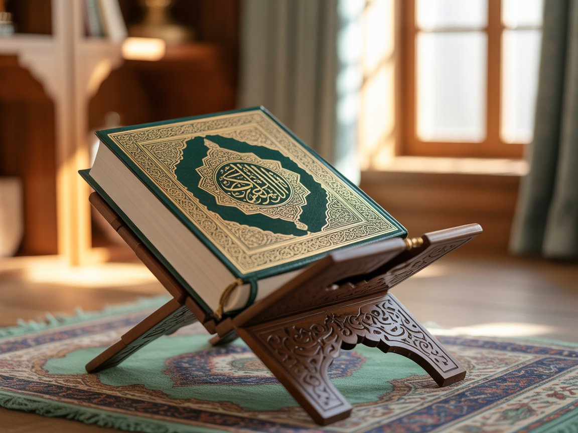 Quran on wooden rehil