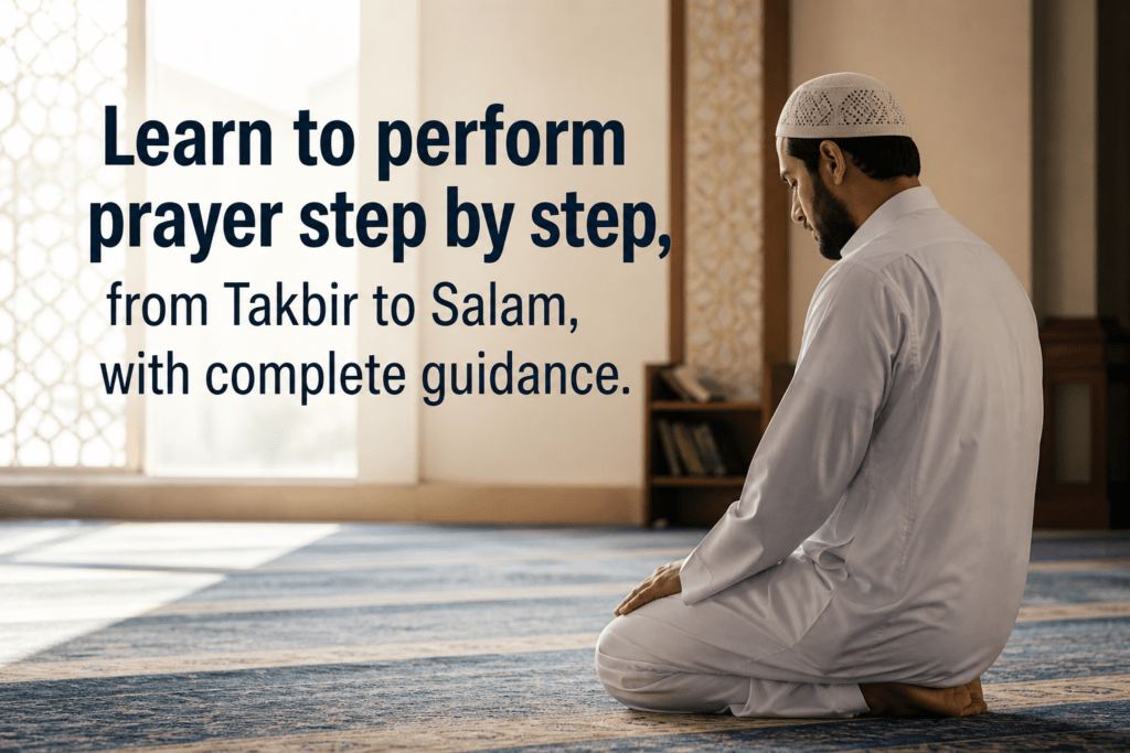 Learn to perform prayer step by step, from Takbir to Salam, with complete guidance.