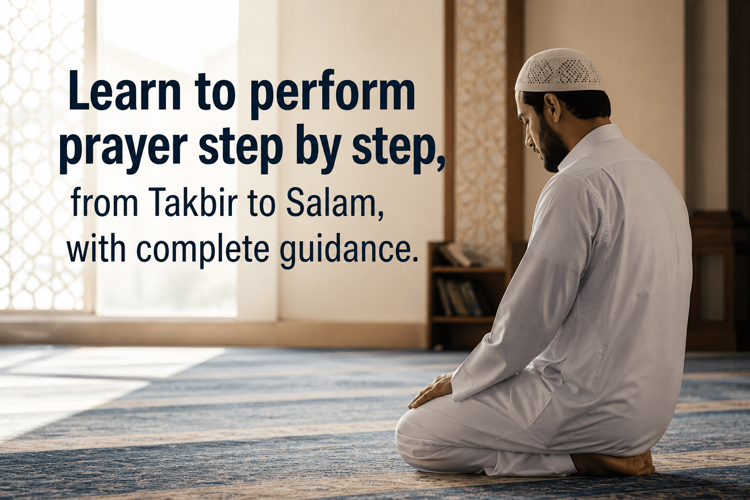 Muslim man sitting in prayer inside a peaceful mosque with soft sunlight, learning to perform Salah step by step from Takbir to Salam