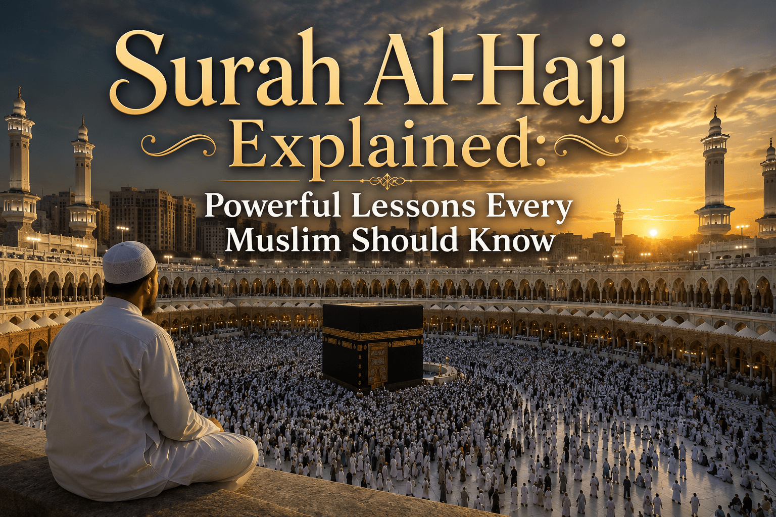 Ultra-realistic cinematic view of Masjid al-Haram in Makkah during sunset with pilgrims gathered around the Kaaba, representing Surah Al-Hajj lessons and Islamic spirituality